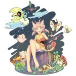  1girl altaria amoonguss animal_ears barefoot blue_eyes bonsly butterfree clefairy coin crobat gastly gloom grass guitar hoppip icywood instrument jewelry jigglypuff jumpluff lunatone meowth necklace oddish outdoors personification pokemon pokemon_(creature) sitting slakoth solo tree_stump whismur yawning 
