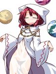  1girl =_= animal_hood blush chain collar earth hecatia_lapislazuli hemogurobin_a1c hood moon open_mouth redhead robe simple_background solo source_request tears touhou wet wet_clothes 