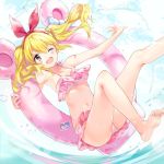  1girl aikatsu! armpits ass barefoot bikini blonde_hair blush bow clouds cloudy_sky frilled_bikini frills hair_bow hairband hoshimiya_ichigo innertube long_hair looking_at_viewer navel one_eye_closed open_mouth outstretched_arm red_eyes sky smile solo swimsuit teeth tiv twintails water water_drop 