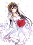  1girl black_hair breasts cherry_blossoms cleavage dress elbow_gloves frilled_dress frills gloves hair_ornament haruna_(kantai_collection) highres holding_bouquet jewelry kantai_collection long_hair looking_at_viewer ring solo strapless strapless_dress tongtongtong wedding_dress white_dress white_gloves white_legwear yellow_eyes 