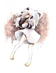  1girl barefoot collar dress enemy_aircraft_(kantai_collection) gloves horns kantai_collection northern_ocean_hime pale_skin red_eyes sachilko_(motiko) shaded_face smile solo thigh_strap thong traditional_media twitter_username watercolor_(medium) white_dress white_hair 