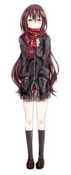  1girl brown_eyes brown_hair highres ido_(teketeke) kneehighs long_hair looking_at_viewer original pleated_skirt scarf school_uniform skirt solo very_long_hair 