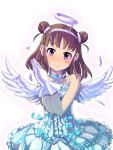  1girl angel_wings brown_hair choker double_bun dress feathers hairband halo hands_together heart idolmaster idolmaster_cinderella_girls lace-trimmed_dress munakata_atsumi simple_background smile solo violet_eyes white_background wings 