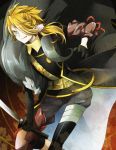  1boy armor belt blonde_hair buckle fighting_stance grey_eyes holding holding_weapon japanese_armor shishiou side_ponytail solo standing strap sword touken_ranbu tsukasa_kinako weapon 