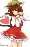  1girl animal_ears arms_up bow brown_hair cat_ears cat_tail chen dress earrings hat heart heart_tail jewelry long_sleeves looking_at_viewer mob_cap multiple_tails nonoko_(capsule-nnk) one_eye_closed orange_eyes red_dress short_hair smile tabard tail thighs touhou 