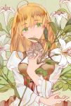  1girl ahoge artist_request blonde_hair dress fate/stay_night fate_(series) flower frills green_background green_eyes highres lily_(flower) saber solo 