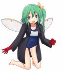  1girl bow daiyousei fairy_wings gakuran gloves green_eyes green_hair hair_bow hair_ribbon miyo_(ranthath) red_gloves ribbon school_swimsuit school_uniform side_ponytail simple_background solo swimsuit touhou wings 