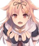  1girl :o absurdres black_gloves black_ribbon black_serafuku blush clenched_hands close-up dyson_(edaokunnsaikouya) eyebrows eyebrows_visible_through_hair face fingerless_gloves gloves hair_flaps hair_ornament hair_ribbon hairclip highres kantai_collection long_hair looking_at_viewer neckerchief open_mouth red_eyes red_ribbon remodel_(kantai_collection) ribbon round_teeth scarf school_uniform serafuku short_sleeves simple_background sleeve_cuffs solo tareme teeth thick_eyebrows upper_body white_background white_scarf yuudachi_(kantai_collection) 