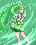  1girl bike_shorts bow brooch chocokin choker circlet crossed_arms cure_march dated green green_background green_bow green_eyes green_hair green_skirt jewelry long_hair looking_away magical_girl midorikawa_nao ponytail precure serious shorts_under_skirt signature skirt smile_precure! solo standing tri_tails 
