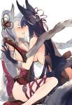  2girls :d animal_ears bangs bare_shoulders bell black_hair blush breasts cross-laced_clothes detached_sleeves duoyuanjun eyebrows eyebrows_visible_through_hair eyelashes fox_ears fox_tail from_side fur_trim gloves granblue_fantasy hair_bell hair_ornament hair_rings highres holding_hands incipient_kiss interlocked_fingers jingle_bell kiss leg_ribbon long_hair multiple_girls open_mouth pelvic_curtain profile red_eyes ribbon shawl sideboob silver_hair simple_background sitting smile socie_(granblue_fantasy) tail very_long_hair white_background yuel_(granblue_fantasy) yuri 