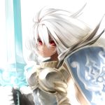  1girl dark_skin granblue_fantasy highres karu_a_miruku long_hair looking_at_viewer red_eyes shield solo sword the_order_grande weapon white_hair 