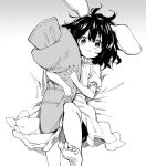  1girl animal_ears barefoot black_hair carrot_pillow dress frilled_dress frills inaba_tewi looking_at_viewer lying monochrome on_back pillow pillow_hug puffy_short_sleeves puffy_sleeves rabbit_ears sawayaka_samehada short_hair short_sleeves solo touhou 