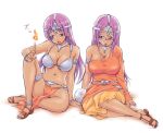  2girls abe_tsukumo anklet armlet bespectacled bikini_top bracelet breasts choker circlet cleavage crystal_ball dark_skin dragon_quest dragon_quest_iv fire glasses jewelry large_breasts loincloth long_hair magic manya minea multiple_girls open_mouth purple_hair sandals siblings sisters sitting sweatdrop thigh_strap twins violet_eyes 