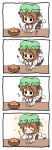  1girl 4koma :3 :t ^_^ animal_ears brown_hair cat_ears cat_tail chen closed_eyes comic eating fang food fruit green_hat hand_on_own_cheek hat highres jewelry long_sleeves mandarin_orange mob_cap multiple_tails nekomata pila-pela short_hair single_earring solo tail touhou two_tails 