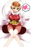  1girl absurdres barefoot blonde_hair blush breasts dress fang hair_ornament heart highres large_breasts long_sleeves looking_at_viewer open_mouth red_eyes shawl short_hair sitting smile solo takashi_(nekoro) toramaru_shou touhou wide_sleeves 