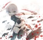  1girl arm_belt assassin_of_black bandaged_arm bandages bangs bare_shoulders battle belt black_gloves black_legwear black_panties blood bloody_weapon blurry blush breasts buckle cleavage cleavage_cutout depth_of_field dual_wielding eyebrows eyebrows_visible_through_hair eyelashes fate/apocrypha fate_(series) fingerless_gloves gloves groin halterneck highres hikari_niji holding_knife knife looking_at_viewer motion_blur mouth_hold no_pants outstretched_arms panties purple_shoes scar scar_across_eye shards shoes short_hair silver_hair sleeveless solo standing_on_one_leg stitches stomach tattoo thigh-highs underwear unsheathed weapon white_hair yellow_eyes 