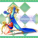  1girl alternate_costume blonde_hair bow breasts cape cleavage dissidia_012_final_fantasy dissidia_final_fantasy earrings final_fantasy final_fantasy_vi hair_ribbon jewelry long_hair navel ponytail ribbon solo tina_branford 