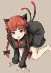  1girl all_fours animal_ears barefoot bow braid cat_ears cat_tail dress extra_ears full_body grey_background hair_bow highres kaenbyou_rin koretsuki_aduma long_hair long_sleeves looking_at_viewer multiple_tails open_mouth red_eyes redhead simple_background smile solo tail touhou twin_braids 