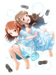  2girls barefoot blush brown_eyes brown_hair gojarun highres houjou_karen idolmaster idolmaster_cinderella_girls interlocked_arms kamiya_nao long_hair multiple_girls open_mouth red_eyes shoes_removed smile 