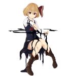  1girl ascot bangs black_skirt black_vest blonde_hair boots brown_boots darkness eyebrows hair_ribbon highres homo_1121 knees_together_feet_apart long_sleeves looking_at_viewer red_eyes red_ribbon ribbon rumia short_hair simple_background sitting skirt skirt_set solo touhou vest white_background 