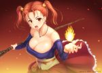  1girl bare_shoulders breasts brown_eyes brown_hair cleavage dragon_quest dragon_quest_viii earrings flame jessica_albert jewelry large_breasts miyai_max necklace solo staff twintails 