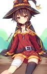  1girl alternate_breast_size bandaged_leg belt black_hair black_legwear blush breasts cape choker cleavage closed_mouth dress eyebrows eyebrows_visible_through_hair hat kono_subarashii_sekai_ni_shukufuku_wo! looking_at_viewer megumin red_eyes single_thighhigh sitting sleeves_past_wrists smile solo thigh-highs twitter_username unacchi_(nyusankin) witch_hat 