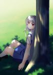  1girl against_tree blue_skirt dacchi grisaia_no_kajitsu highres kazami_kazuki long_hair outdoors pleated_skirt school_uniform silver_hair sitting skirt smile socks solo tree violet_eyes white_legwear 