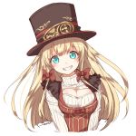  1girl blonde_hair blush bow breasts cleavage_cutout green_eyes grin hair_bow hat long_hair looking_at_viewer open-chest_sweater senobi_(senoby) signature simple_background smile solo steampunk sweater top_hat white_background 