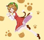  1girl absurdres animal_ears bloomers blush brown_eyes brown_hair cat_ears cat_print cat_tail chen dress earrings fang from_side full_body hat highres jewelry leg_up long_sleeves looking_at_viewer looking_back mary_janes mob_cap multiple_tails oninamako open_mouth paw_pose paw_print red_dress shoes short_hair smile socks solo standing tail touhou underwear white_legwear 