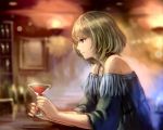  1girl alcohol anbe_yoshirou bangs bar bare_shoulders blue_eyes blurry bottle brown_hair closed_mouth cup depth_of_field drinking_glass eyelashes frame fringe from_side glass holding_drinking_glass idolmaster idolmaster_cinderella_girls indoors lamp mole mole_under_eye off_shoulder profile short_hair sleeves_past_elbows smile solo takagaki_kaede wide_sleeves wine 