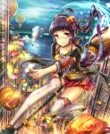  1girl black_hair broom broom_riding candy floating glasses halloween highres hot_air_balloon hourainingyou long_hair original pumpkin red_eyes solo twintails 