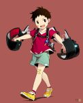  1boy bandaid bandaid_on_face bandaid_on_knee brown_eyes brown_hair male_focus noeyebrow_(mauve) open_mouth original science_fiction short_hair shorts simple_background treize_(mauve) walking 