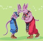  2boys animal_ears armband arms_behind_back artist_name beerus brothers cat_ears champa_(dragon_ball) crossed_arms dragon_ball dragon_ball_super egyptian_clothes fat feet_together jewelry male_focus multiple_boys neck_ring no_humans nose-to-nose pouty_lips purple_skin raku220p ribs siblings signature single_earring tail wrist_cuffs 