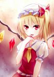  1girl ascot blonde_hair blood blood_in_mouth bloody_hands dress flandre_scarlet hat hat_ribbon looking_at_viewer meng_xiao_jiong mobile_trace_suit puffy_short_sleeves puffy_sleeves red_dress red_eyes ribbon shirt short_sleeves side_ponytail solo touhou wings 