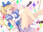  1girl bare_legs blonde_hair blue_bow blue_dress blush bow brown_shoes corset djeeta_(granblue_fantasy) dress finger_to_mouth gloves granblue_fantasy hair_bow highres holding ken123456 legs_up looking_at_viewer lying microphone on_back outstretched_arm outstretched_leg plaid plaid_dress puffy_short_sleeves puffy_sleeves shoes short_hair short_sleeves sneakers sparkle tareme white_gloves yellow_eyes 