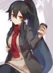  1girl black_hair jacket kantai_collection long_hair looking_at_viewer parted_lips ponytail red_eyes red_scarf ribbed_sweater scarf scrunchie solo sweater turtleneck_sweater winter_clothes yahagi_(kantai_collection) yamaarashi 