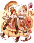  1girl banana_slice blonde_hair bowl brown_eyes cherry food food_as_clothes food_themed_clothes fork fruit givuchoko hair_ornament highres juliet_sleeves licking long_sleeves looking_at_viewer maple_syrup original pancake personification puffy_sleeves shirt short_hair sitting skirt smile solo whipped_cream whisk 