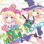  2girls album_cover american_flag_legwear american_flag_shirt apron belldot blonde_hair blush boots broom broom_riding clownpiece cover fairy_wings hat hat_ribbon jester_cap kirisame_marisa long_hair looking_at_viewer multiple_girls open_mouth puffy_sleeves ribbon shirt short_hair short_sleeves skirt skirt_set smile star striped text touhou turtleneck vest waist_apron wings witch_hat 