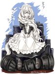  1girl absurdly_long_hair alternate_costume blush commentary_request drum_(container) glasses gloves_removed hands_on_own_knees kantai_collection long_hair looking_at_viewer maid maid_headdress shinkaisei-kan sitting supply_depot_hime tatsumi_rei translation_request twitter_username very_long_hair white_eyes white_hair white_skin 