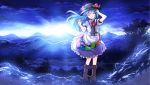  1girl blue_hair boots bow clouds cloudy_sky food fruit hat highres hinanawi_tenshi landscape peach puffy_short_sleeves puffy_sleeves risutaru shirt short_sleeves skirt sky smile solo sunrise touhou waving 