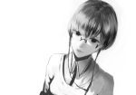  1girl commentary dutch_angle glasses greyscale looking_at_viewer monochrome original portrait sakimori_(hououbds) short_hair simple_background solo white_background 