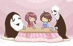  1girl ahoge androgynous artist_name bangs blush borurou brown_hair closed_eyes crossover expressionless frisk_(undertale) madotsuki shiny shiny_hair sitting sparkle sweater trait_connection uboa undertale w.d._gaster yume_nikki yunomi 