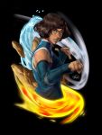  1girl avatar:_the_last_airbender black_background blue_eyes brown_hair clenched_hand dark_skin elbow_gloves fighting_stance fingerless_gloves fire gloves korra reza_kabir rock signature solo the_legend_of_korra upper_body water 