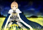  1girl ahoge armor artist_request blonde_hair cape chestplace excalibur fate/stay_night fate_(series) field fur-trimmed_cape green_eyes highres planted_sword planted_weapon saber sky solo star_(sky) starry_sky sword type-moon weapon 