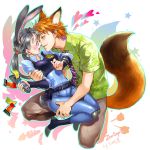  1boy 1girl absurdres animal_ears bangs belt_pouch blue_pants blue_shirt blush carrot_hair_ornament chushengdao collared_shirt disney dress_shirt eye_contact face-to-face food_themed_hair_ornament fox_ears fox_tail green_eyes green_shirt grey_hair hair_ornament hetero highres holding incipient_kiss jewelry judy_hopps long_sleeves looking_at_another necktie nick_wilde open_mouth orange_hair pants paper parted_lips personification pocket police police_uniform policewoman print_shirt rabbit_ears ring shirt short_sleeves silhouette sitting smile striped striped_necktie tail uniform violet_eyes zootopia 