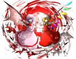  2girls bat bat_wings flandre_scarlet full_moon hands_together hat highres kan_(aaaaari35) long_skirt looking_at_viewer mob_cap moon multiple_girls pink_shirt pink_skirt red_moon red_skirt red_vest remilia_scarlet shirt siblings single_wing sisters skirt skirt_ste touhou wings 