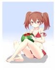  1girl bikini breasts brown_eyes collarbone food fruit full_body highres indian_style kantai_collection looking_at_viewer ootsuki_momiji red_bikini revision ryuujou_(kantai_collection) sitting smile solo swimsuit twintails watermelon 