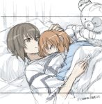  2girls bandages brown_eyes brown_hair cosmic_(crownclowncosmic) girls_und_panzer hand_on_another&#039;s_head highres multiple_girls nishizumi_maho nishizumi_miho pillow siblings sisters sketch sleeping smile stuffed_animal stuffed_toy teddy_bear twitter_username 