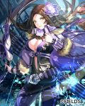  1girl arrow belt bow_(weapon) breasts brown_eyes brown_hair cleavage fantasy floating_hair flower guardians_violation hair_flower hair_ornament lens_flare long_hair looking_at_viewer mole mole_under_mouth official_art original quiver solo thigh_strap u369 weapon 
