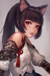  1girl absurdres animal_ears bare_shoulders black_hair cat_ears elin_(tera) highres lips long_hair looking_at_viewer momoko_(momopoco) open_mouth ponytail red_eyes revision shirt smile solo tera_online very_long_hair 